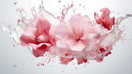A realistic petals explosion with water on white background