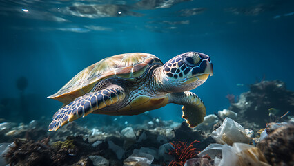 Fototapeta premium Environmental problems. Turtles can eat plastic bags mistaking them for jellyfish.