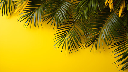 Palm leaves on yellow background. Background with copy space for your text.