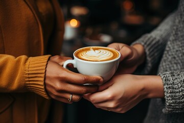 Close-up of two people holding coffee cups, passing coffee between friends, gathering of friends in...