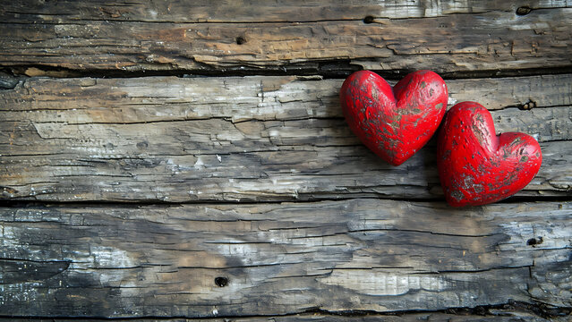 Two red hearts on wooden background, Valentines day background.