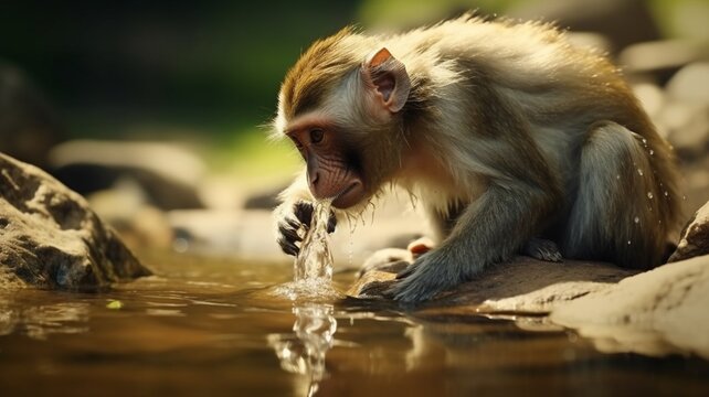 Monkey animal drinking water AI Generated pictures
