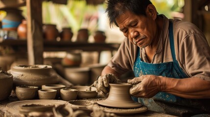 The potter takes a deep breath and releases it, letting go of any outside distractions.