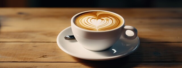 Close-up of a cup of cappuccino on a wooden tabletop (extra wide ratio), a cup of cappuccino with beautiful latte art, cafe background, coffee beans advertising, cafe menu - Powered by Adobe