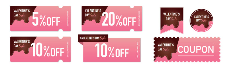 バレンタインセールに使える溶けたチョコレートとピンクの割引クーポンのベクターデザインセット1