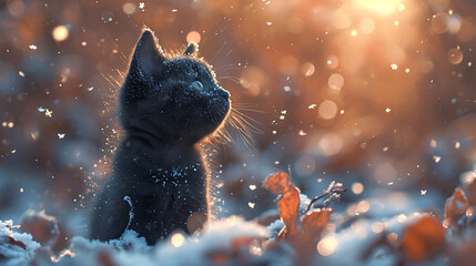 Cute black kitten in the snow. Generative AI illustration  - obrazy, fototapety, plakaty