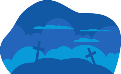 Graveyard scene with crosses and clouds in a blue color scheme. Eerie and peaceful cemetery landscape. Spooky and serene night graveyard vector illustration.