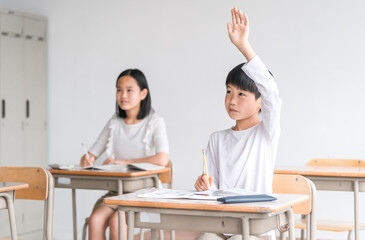 学校・塾のICT教育の授業で挙手するアジア人の子供（小学生・夏期講習・生徒・児童）
