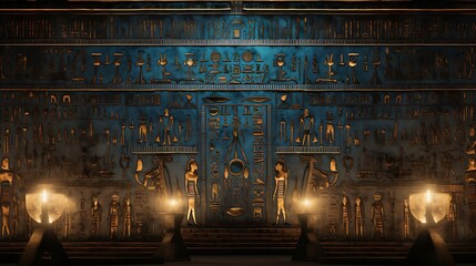 a wall of an ancient egyptian temple with symbols and symbols - obrazy, fototapety, plakaty