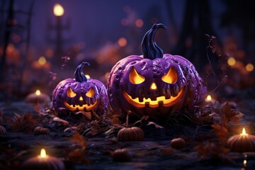Ghostly Halloween Pumpkins with Mystical Purple Glow, on an isolated Mystical Purple background, Generative AI
