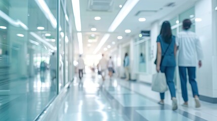 Blurred modern hospital people in white glass modern hospital background.