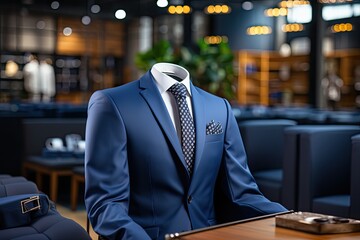 Classic blue Suit in a Clothing Store. Luxury banner for an expensive men's clothing and office suits store, Generative AI - Powered by Adobe