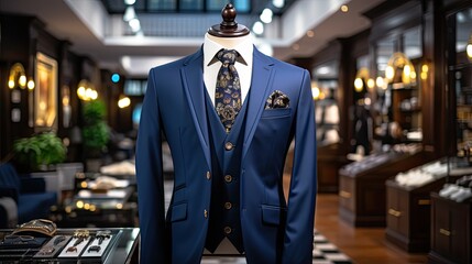Classic blue Suit in a Clothing Store. Luxury banner for an expensive men's clothing and office suits store, Generative AI