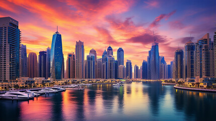 Obraz premium Dubai Marina with colorful sunset in Dubai United Arab Emirates with dramatic sky