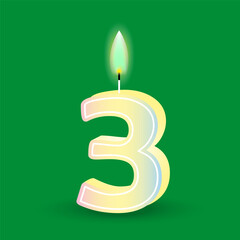 Birthday number three, candle with fire. 3D number 3. Vector illustration. EPS 10.