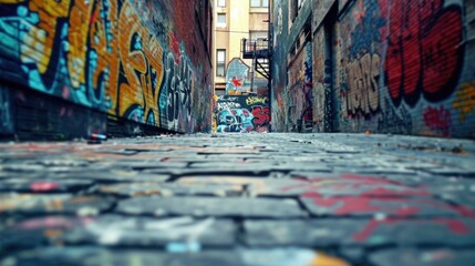 A panning shot of a dilapidated alleyway completely covered in graffiti tags and stenciled images...