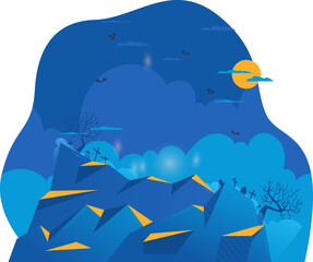 Mystical night landscape with spooky forest and mountains. Halloween scene with full moon and bats vector illustration.