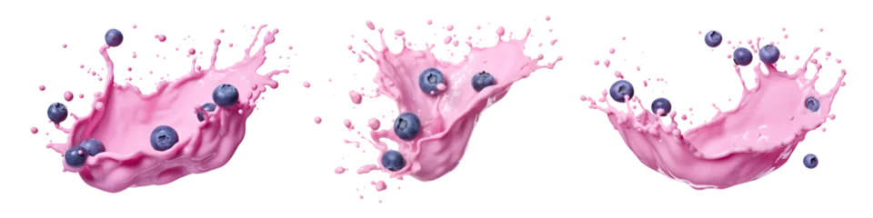 Zelfklevend Fotobehang pink milkshake splash with blueberries set isolated on transparent background - design element PNG cutout collection © Sarah