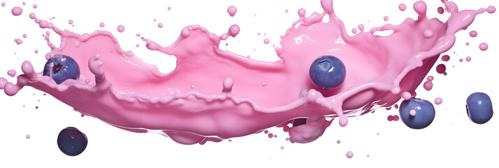 pink milkshake splash with blueberries isolated on transparent background - design element PNG cutout
