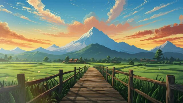 Animated illustration of a wooden bridge in a mountain valley with fresh natural views. Illustration with a mountain view in the background. Background animation.