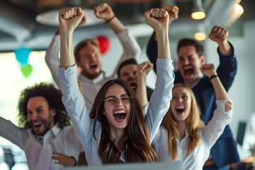 A business team with raised fists celebrating a milestone, highlighting workplace enthusiasm and achievement