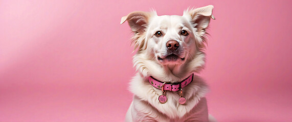 portrait of a cute white dog on a pink background with copy space.