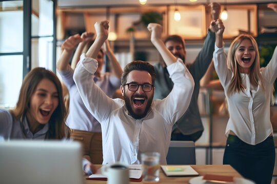 A business team with raised fists celebrating a milestone, highlighting workplace enthusiasm and achievement