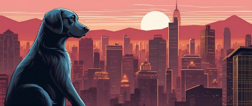 illustration of a dog on the city skyline background, a dog sitting on the side of the photo, with copy space.