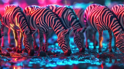 A herd of neon zebras grazing on the neon gr their bold stripes creating a mesmerizing pattern - obrazy, fototapety, plakaty