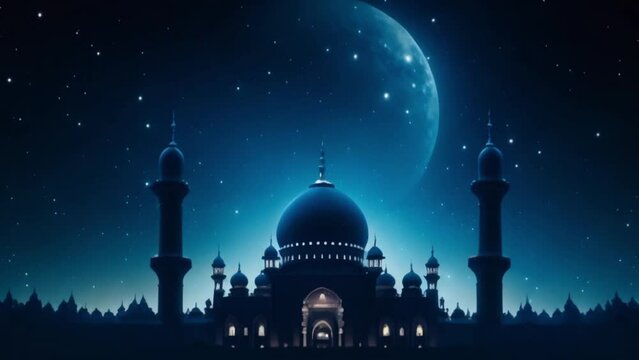 Mosque building architecture with eery weather in the night animated islamic background