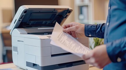 Businessman print paper on a multifunction laser printer in business office. - obrazy, fototapety, plakaty