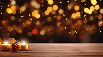 Wooden table looking out to a christmas bokeh lights background