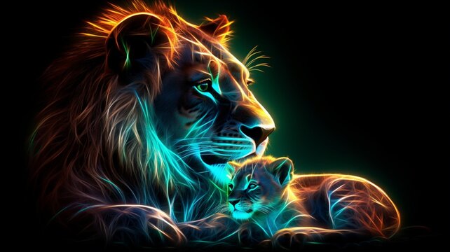 Neon light Lion animal caressing its baby AI Generated pictures