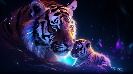 Neon light Tiger caressing its baby AI Generated pictures