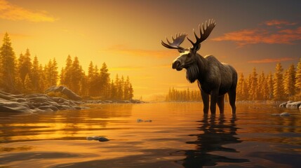 A moose standing in a river at sunset. Generative AI.