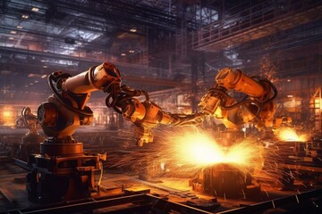 Advanced factory with automated robotic arms performing welding tasks. Generative AI
