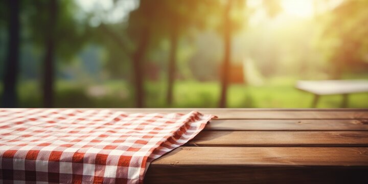 Picnic cloth on wooden table with blurred kitchen background.