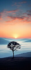 Fototapeta na wymiar A lone tree stands on a hill at sunrise. Generative AI.