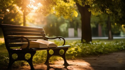 A book sits on a park bench in the sun. Generative AI. - obrazy, fototapety, plakaty