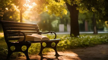 Foto op Plexiglas A book sits on a park bench in the sun. Generative AI. © Nikolay