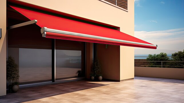 Remote controlled motorized awnings for outdoor shade control solid color background