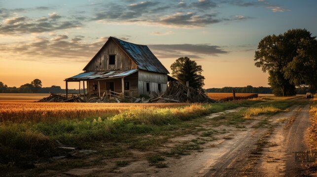 An old abandoned house sits in the middle of a field. Generative AI.