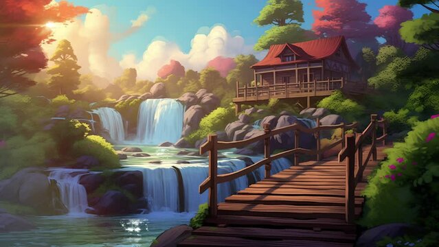 Animated illustration of a simple house in the middle of the forest, with a comfortable waterfall and river in the background. Animated background.