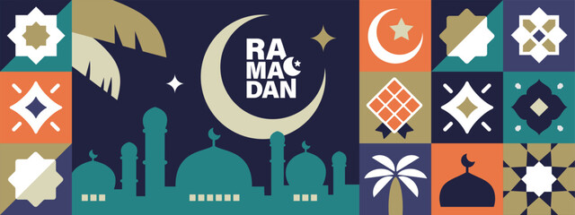 Ramadan Kareem vector illustration in flat geometric style design for poster, greeting card, banner and cover.