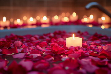 Indulge in romance with a captivating rose petal-filled bathtub, set in an intimate dark ambiance. Candlelight dances, casting a warm glow, creating a dreamy and enchanting atmosphere.