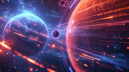 Obraz premium In this otherworldly dimension the planetary orbits are rep by floating equalizer bars creating a unique and fascinating visual experience