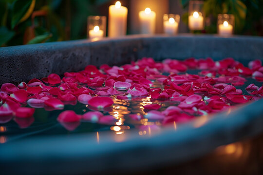 Indulge in romance with a captivating rose petal-filled bathtub, set in an intimate dark ambiance. Candlelight dances, casting a warm glow, creating a dreamy and enchanting atmosphere.