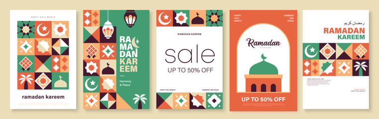 Set of Ramadan Kareem vector illustration in flat geometric style design for poster, greeting card, banner and cover.