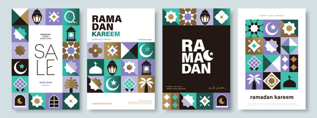 Set of Ramadan Kareem vector illustration in flat geometric style design for poster, greeting card, banner and cover. - 712847818