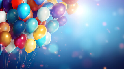 Background with bundle of colorful flying balloons, Warm light, Glittering Soaring into the Sky